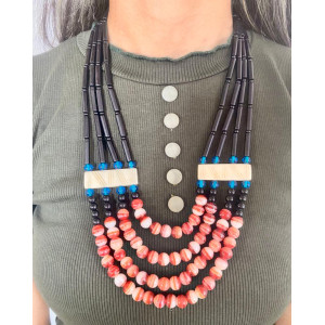 Beaded black blue with earth tone necklace - Annie Sakhamo