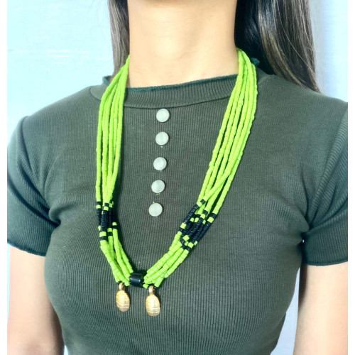 Green beaded with brass bell necklace - Annie Sakhamo