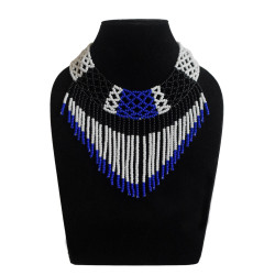 Black Blue and White Beaded Dangle Necklace - Ethnic Inspiration