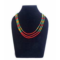 Red Green and Yellow Beaded Three Strand Necklace - Ethnic Inspiration