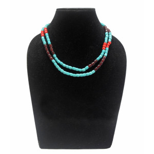 Blue Maroon and Red Beaded Two Strand Necklace - Ethnic Inspiration