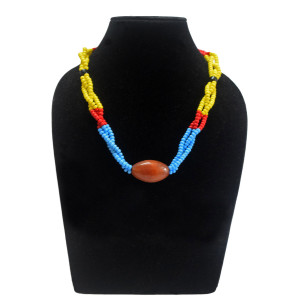 Yellow Red and Blue beaded Three Strand Necklace - Ethnic Inspiration