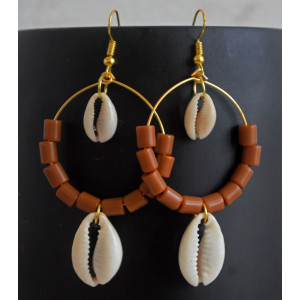 Brown Beads and Cowrie shell Hoop Earrings - Flower Child