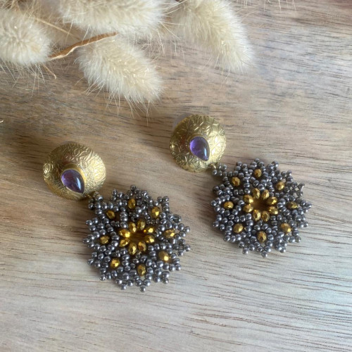 Metallic gold and grey beaded earring- Flower Child