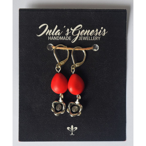 Inla's Genesis 925 Sterling Silver Red Beaded Oxidise Rose Earring