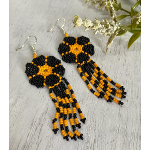 Mexican Huichol Flower orange and black beads earring - Kuoli