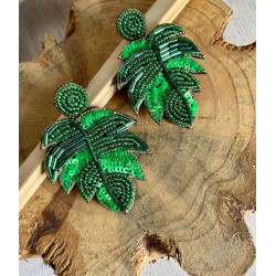 Green Tropical sequence palm leaves earring -  Kuoli