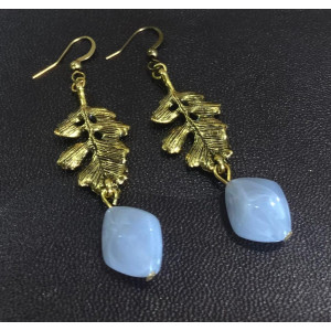 Gold crafted leaf with white bead earring by Li_Made
