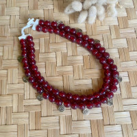 Deep red beaded tribal design heavy necklace - S&L Jewellery
