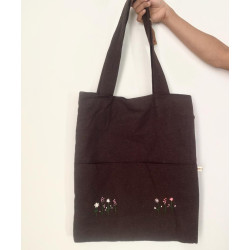 Coffee canvas hand embroidered with side pocket tote - Twigs and Bows