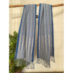 Blue loin loom shawl with motif design - Lovi Twine