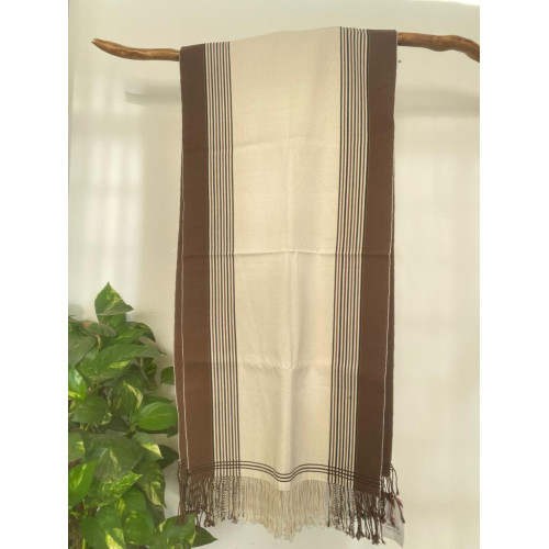 White with brown Loin Loom Shawl Pure Cotton - Viko