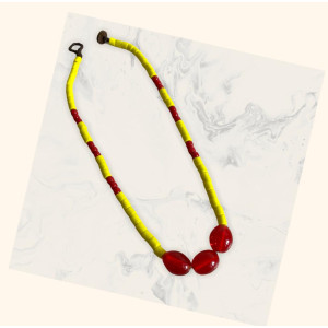 Red glass beads with yellow heishi beads