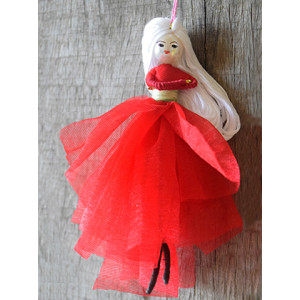 Ethnic Craft Handmade Fairy Doll With Red Dress and White Long Hair