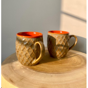 Handcrafted Ceramic Orange Double Tone Coffee Mug Set of 2, 300mL - The knot and Bow
