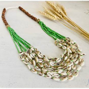 Green sustainable  beads with Cowrie shell layer necklace - Flower Child