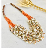 Orange sustainable  beads with Cowrie shell necklace - Flower Child
