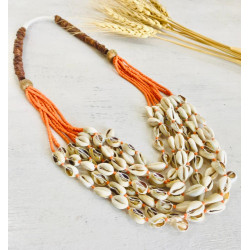 Orange sustainable  beads with Cowrie shell necklace - Flower Child